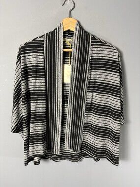NWT CHALET et CECI Womens S Black/Gray Striped Open-Front Jersey Jacket Cardigan